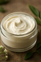 Close up of a creamy white moisturizer in a glass jar with green leaves and small white flowers for natural skincare concept and organic beauty
