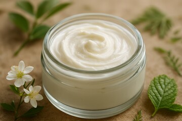 White cosmetic cream in glass jar with fresh green leaves and delicate white flowers on natural surface for organic skincare concept and natural beauty