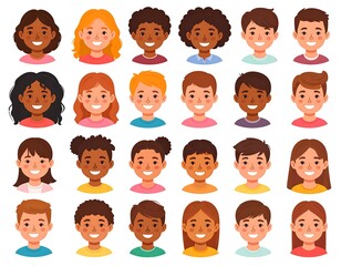 Colorful illustrated faces of diverse children smiling at the viewer