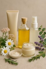 Natural skincare products including cream, oil, and spray with fresh herbs and flowers for organic beauty concept and wellness routine
