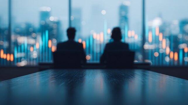 Two professionals sit at a table, overlooking a city skyline with illuminated financial charts, suggesting a focus on business analysis and strategy. - Powered by Adobe