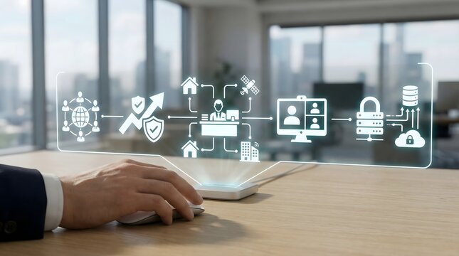 Business technology interface showing digital communication,remote work,cloud storage,cybersecurity and online management system in modern office - Powered by Adobe