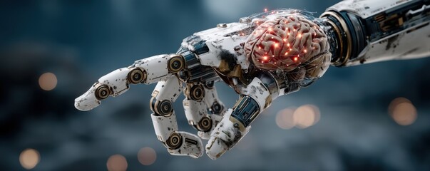 Robotic hand points to a glowing brain, symbolizing artificial intelligence and advanced robotics