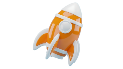 Orange toy rocket with white accents on blue background isolated on a transparent background