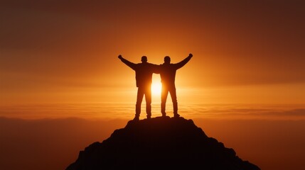 In a moment of joy, two friends stand on a mountain peak, silhouetted against a stunning sunset. Their raised arms express triumph and the spirit of positive psychology in mental health