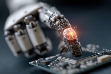 Futuristic robot hand points to a glowing brain on a microchip circuit board