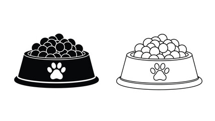 Black and white illustration of two pet food bowls filled with kibble © MdMojiburRahman