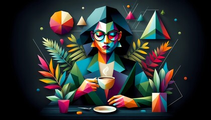 A geometric woman wearing glasses made of triangles is drinking coffee indoors. The background is dark and the image is colorful. There are few plants around.