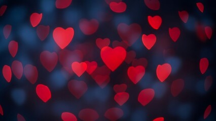 A bokeh effect of radiant red hearts in a dark blue haze