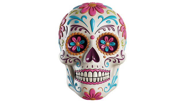 A vibrant and ornate sugar skull with colorful floral designs against a stark black background