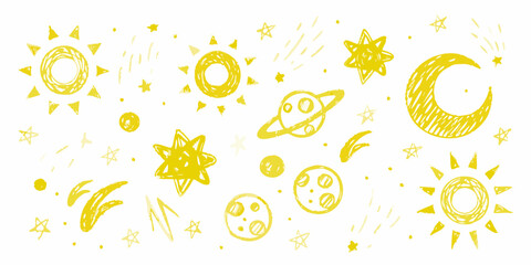 A playful doodle of celestial bodies suns moons stars and planets © SreemotiRaba