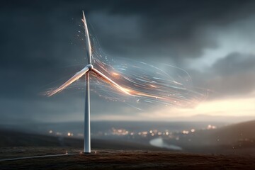 Realistic wind energy technology animation shows a turbine with glowing energy trails around blades