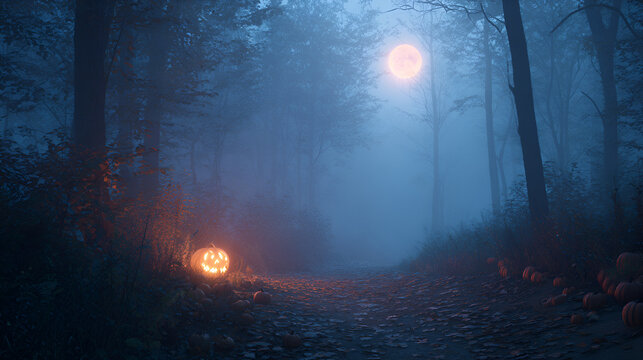 Eerie pumpkin lit forest path under glowing full moon and misty, spooky atmosphere - Powered by Adobe