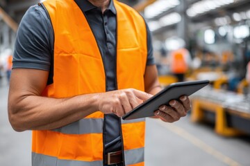 Close-up of an industrial worker wearing a high-visibility vest and operating a digital tablet in a factory.