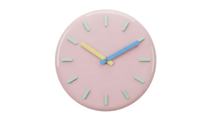Pink wall clock with blue and yellow hands and mint green hour markers isolated on a transparent background
