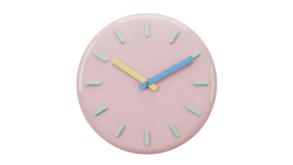 Pink wall clock with blue and yellow hands and mint green hour markers isolated on a transparent background