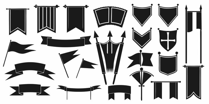 Collection of various black medieval banners flags and heraldic shield designs