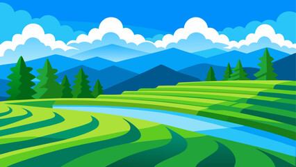 Illustration of rice terraces with trees © Devili