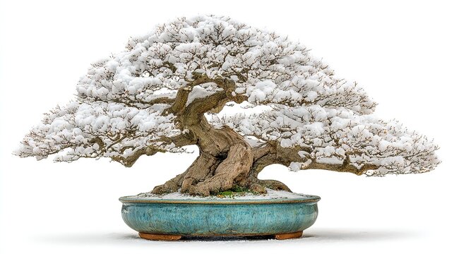 Ancient windswept bonsai, its gnarled trunk and bleached driftwood jin frozen in mid-twist, stands in quiet solitude against a seamless arctic-white backdrop.