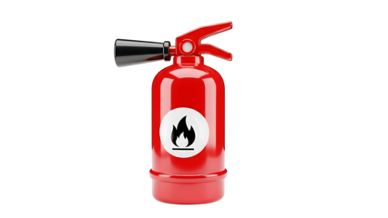 Red fire extinguisher with black nozzle and flame symbol isolated on a transparent background