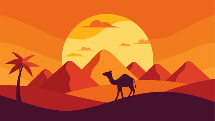 Camel walking in desert during sunset time