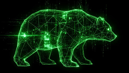 Glowing green bear walking on black background with digital network