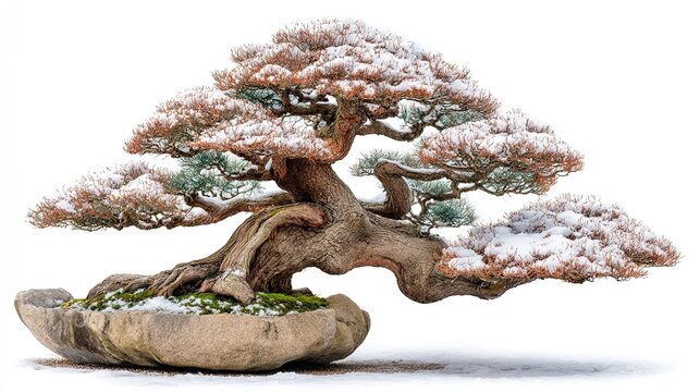 Ancient windswept bonsai, its gnarled trunk and bleached driftwood jin frozen in mid-twist, stands in quiet solitude against a seamless arctic-white backdrop.