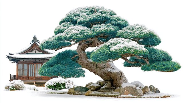 Ancient windswept bonsai, its gnarled trunk and bleached driftwood jin frozen in mid-twist, stands in quiet solitude against a seamless arctic-white backdrop.