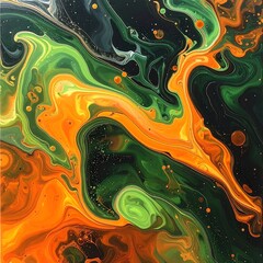 An abstract image with fluid swirls of vibrant green, orange, and darker colors resembling a swirling cosmic nebula