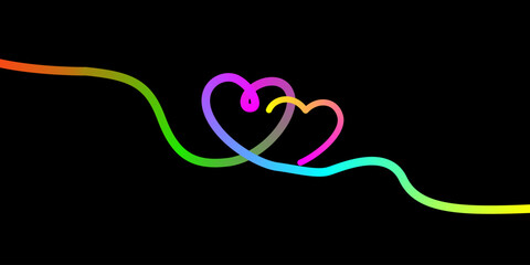 Vibrant rainbow line forms intertwined hearts on a sleek black background representing love and connection