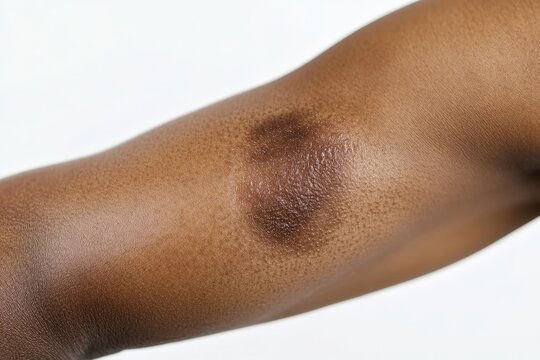 Close-up view of a dark skin tone arm showing a discolored lesion.