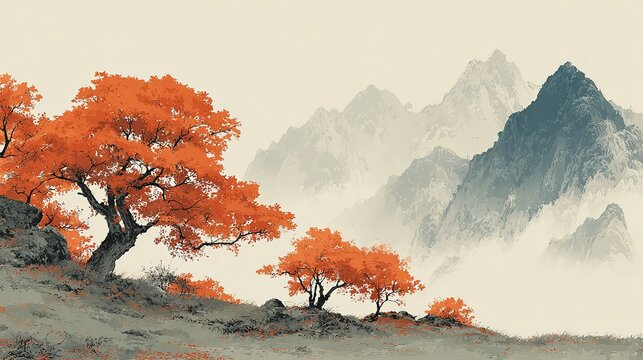 Ultra-HD 4K digital scroll inspired by traditional Chinese ink painting: mist-veiled orange-leaf maples glow like lanterns across layered hills, while distant indigo mountains dissolve into soft xuan-