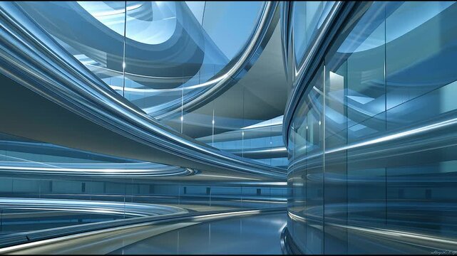 Futuristic interior architecture with sleek metallic curves and glass elements in modern blue tones
