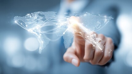 Person pointing at global network map