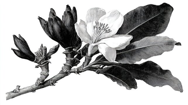 Minimalist black ink line-art illustration of a single banana-tree branch: a graceful arch of broad, ribbed leaves tapering to slender points