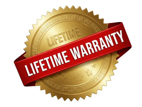 Shiny gold lifetime warranty seal with red ribbon isolated on transparent background