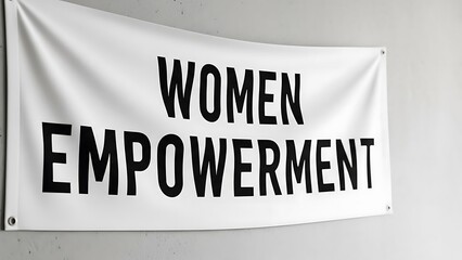 White banner with black text promoting women empowerment on a wall.