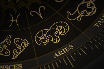 Detailed close-up of the Aries symbol on a gold and black astrology chart wheel featuring various zodiac constellations and symbols.