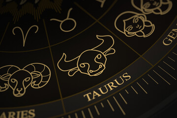 Detailed close-up of the Taurus symbol on a gold and black astrology chart wheel featuring various zodiac constellations and symbols.