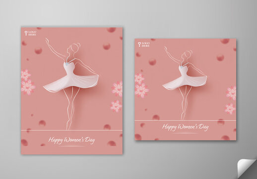 Editable Happy Women&rsquo;s Day Social Media Post Set with Elegant Female Line Art Illustration, with Daimond Neckless and Floral Peach Background.