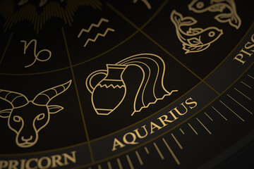 Detailed close-up of the Aquarius symbol on a gold and black astrology chart wheel featuring various zodiac constellations and symbols.