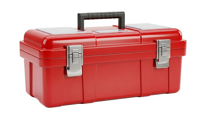 Red plastic toolbox with silver latches and black handle isolated on a transparent background