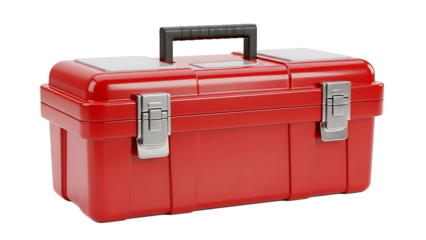 Red plastic toolbox with silver latches and black handle isolated on a transparent background