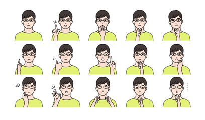 眼鏡をかけた若い男性の様々表情バリエーションセット　ベクター	