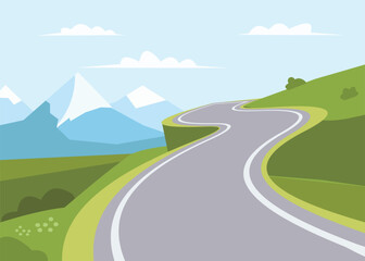 Winding Road Through Green Hills and Mountains Symbolizing Journey and Future Direction