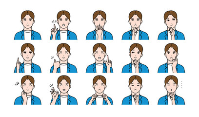 若い男性の様々表情バリエーションセット　ベクター	