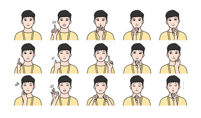 若い男性の様々表情バリエーションセット　ベクター	