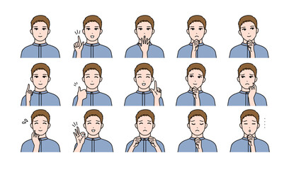 若い男性の様々表情バリエーションセット　ベクター	