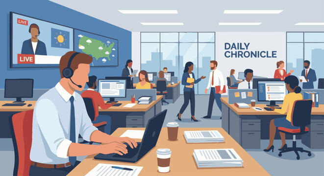 Journalist Working in Newsroom
A flat vector illustration of a journalist working in a newsroom with computers and colleagues in the background. Flat vector style, modern editorial workspace.