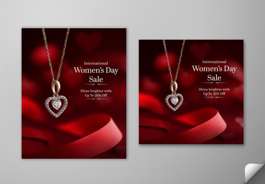 Editable International Women&rsquo;s Day Sale Social Media Post Set in Red Theme with Heart Shaped Diamond Pendant Jewelry and Up to 20 Percent Discount Offer.